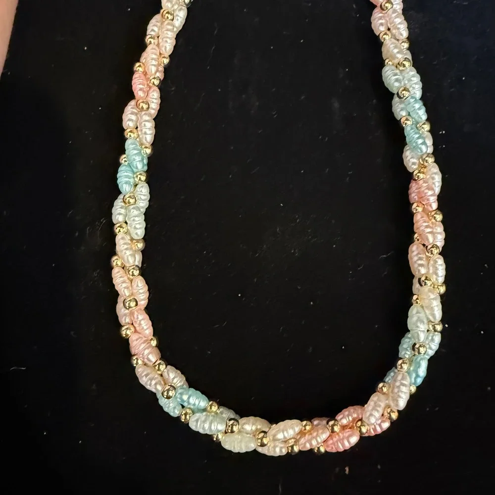 Vintage Necklace Gold Accent Beaded‎ Pastel Twist Baroque Pearls Rope